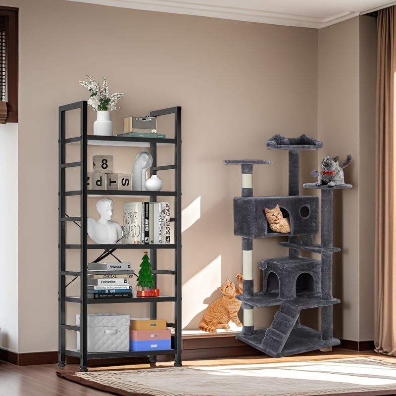 

Office Bookshelf - 5 Tier Wooden Bookshelf With Extra Storage, 54-inch Multi-tier Cat Tree Tower, Playhouse With Climbing Ladder, Great For Bedrooms And Offices