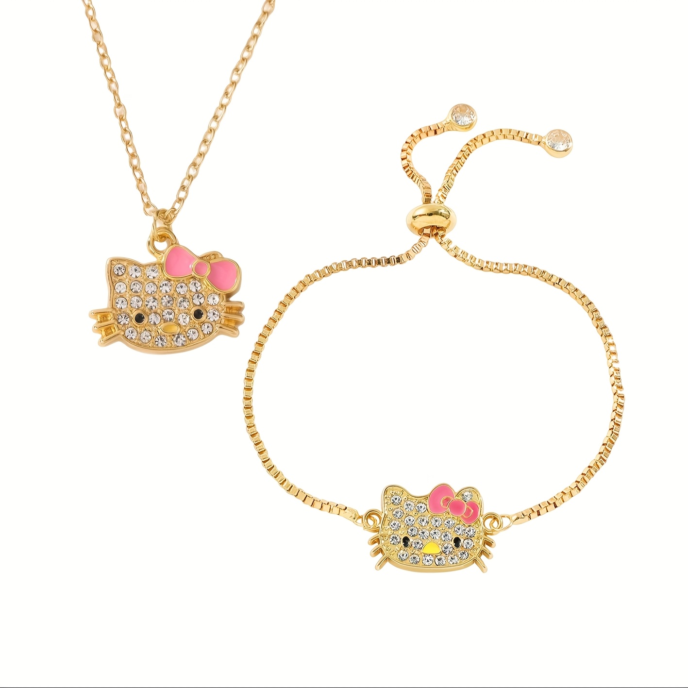 TEMU This Is A Licensed Jewelry Set By For Women, Featuring 2 Pieces. It Comes With A Golden Necklace And A Bracelet Designed With A Bow. This Set An