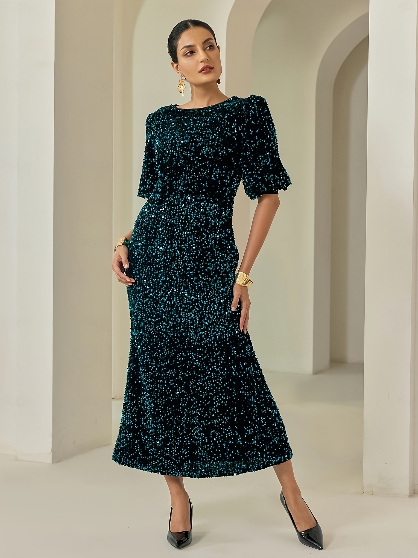 green sequin puff sleeve dress Forest Green Sequin Puff Sleeve Mini Dress