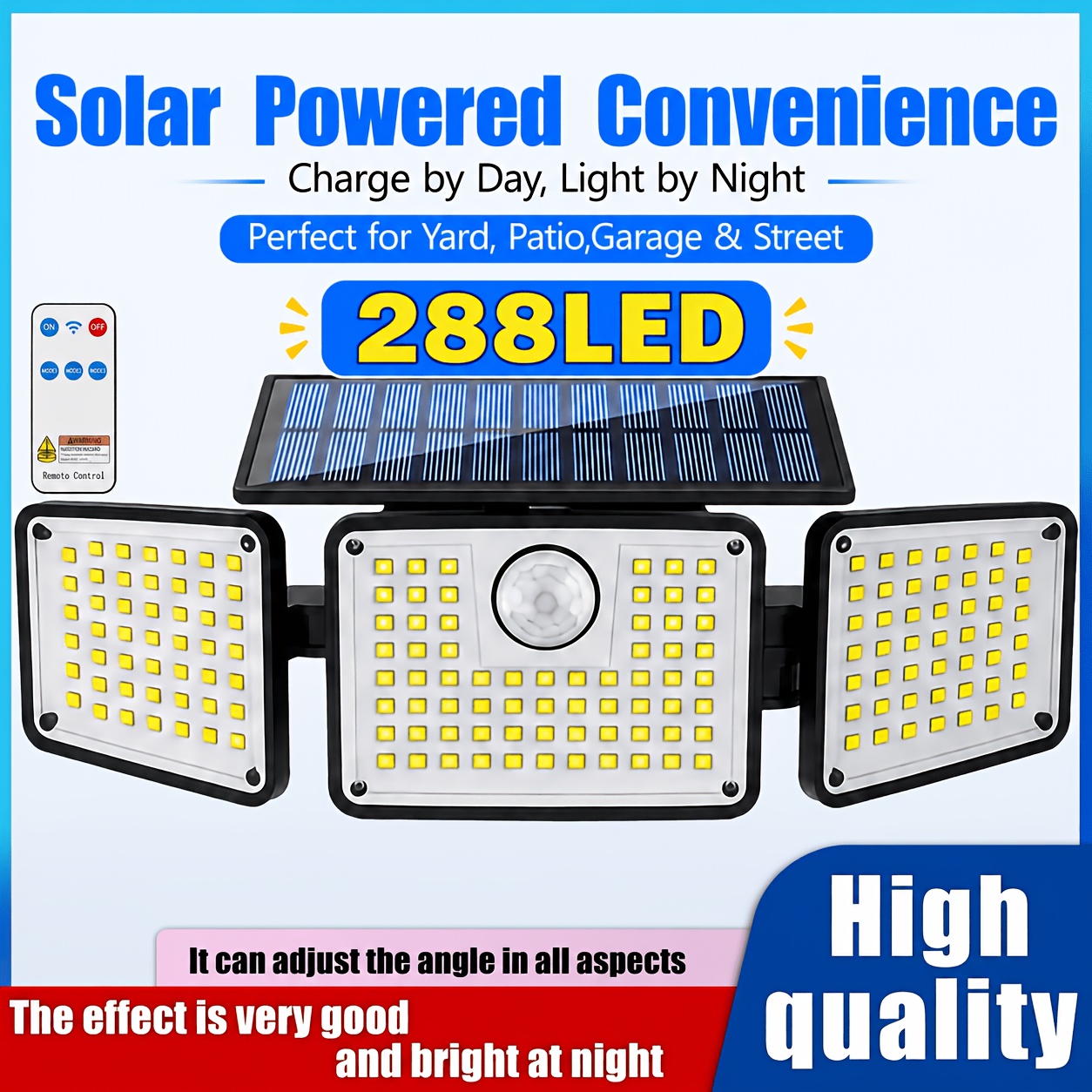 TEMU 2pcs 3000lm Solar Lights Outdoors With Motion Sensor, 3-head 270° Wide Angle Security Lights, Ip65 Solar Lighting With 3 And Remote Control,