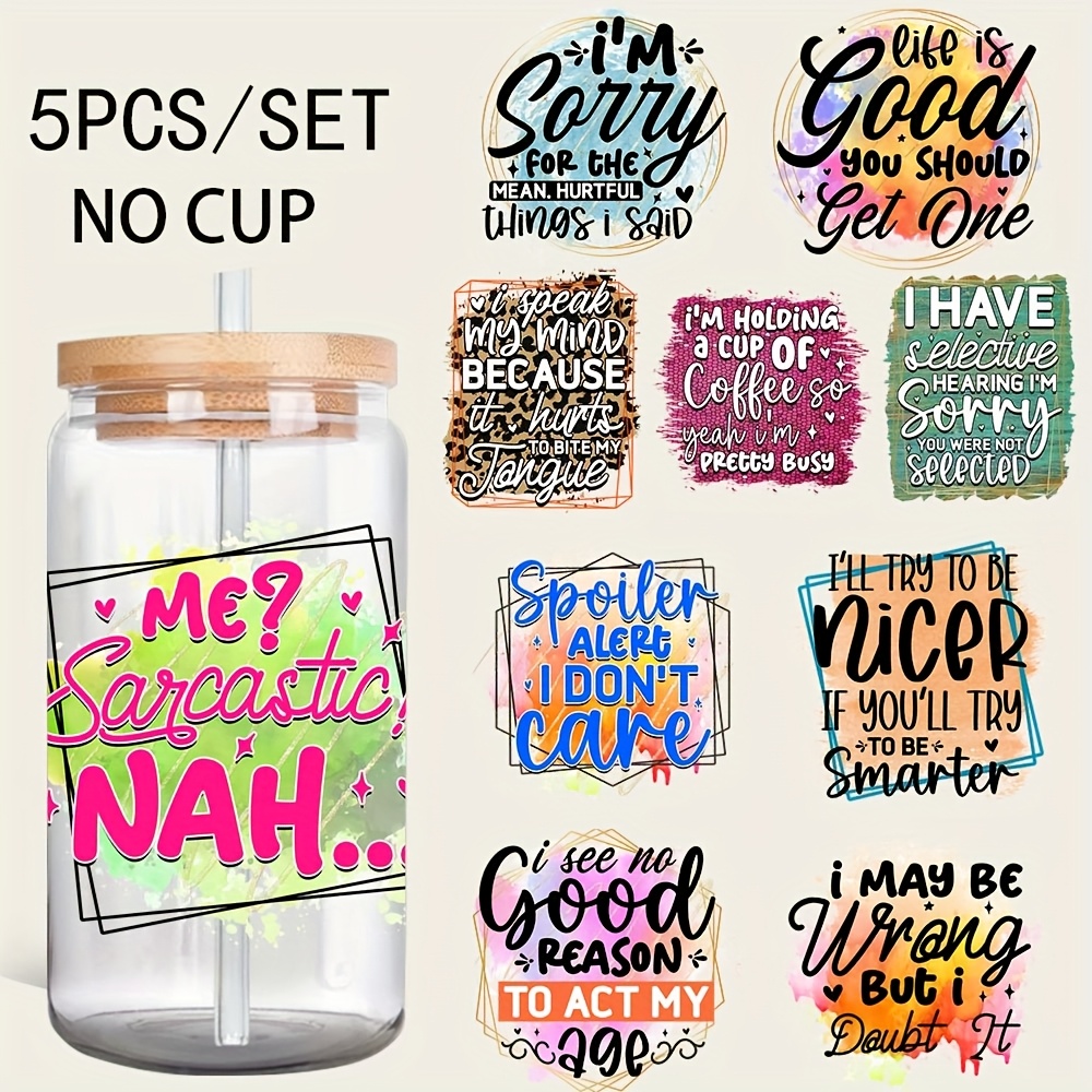 TEMU 5pcs/set Funny Quotes 16oz Glass Jar Transfer Paper Uv Dtf High Self-adhesive Transfer Paper Suitable For Decorating Cups And Bottles