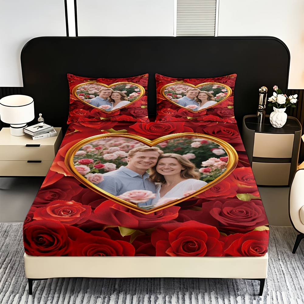 TEMU Customized 3pcs Personalized Quirky Printed Bed Sheet Set, Custom Image Fitted Sheet Bedding (1 Fitted Sheet And 2 Pillowcases, No Core)