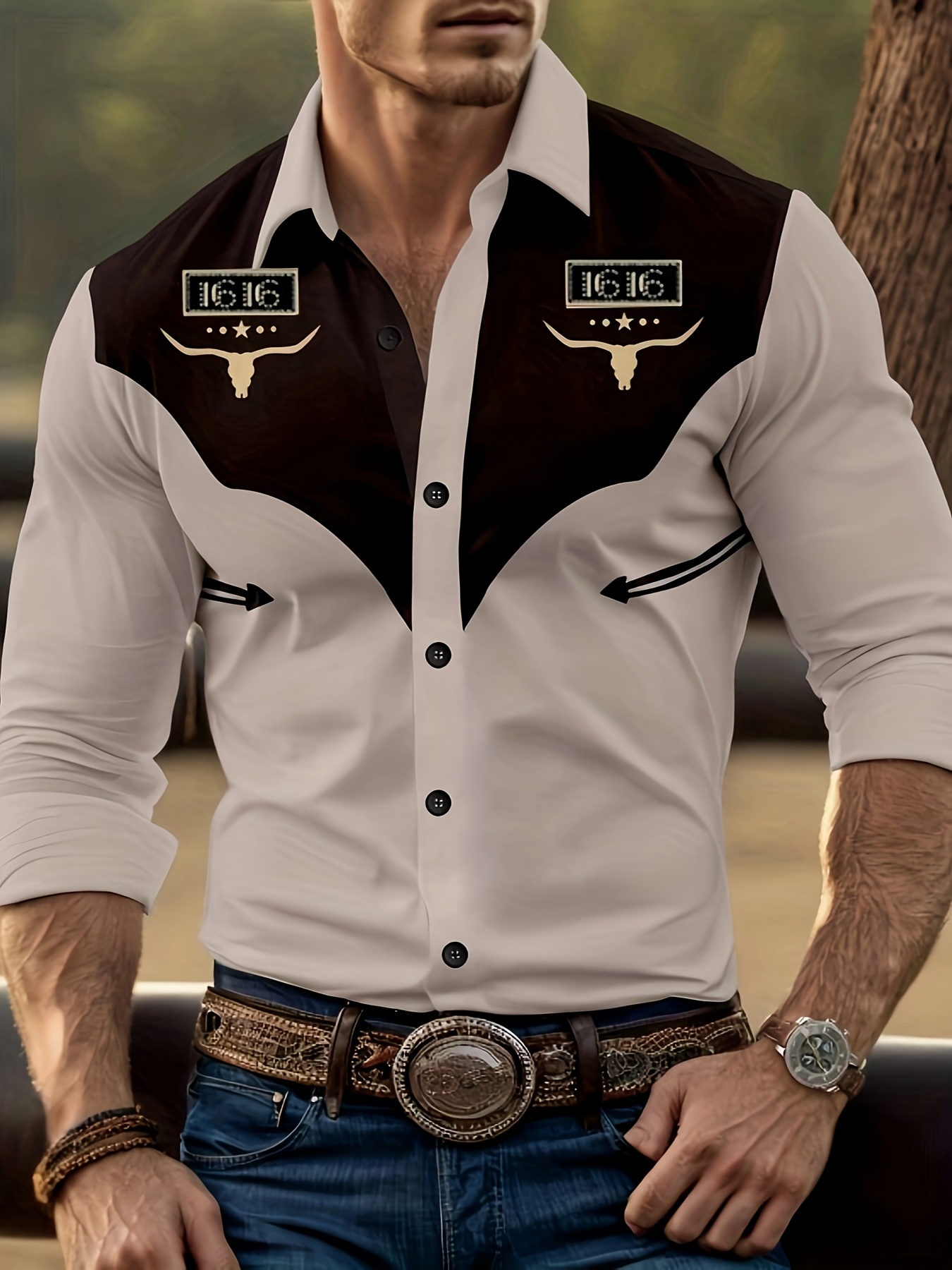 *'S Vintage Western Style Long Sleeve Shirt White Floral Print,  Button-Up Collar, Non-Stretch Fabric, Regular Fit for Spring/Fall