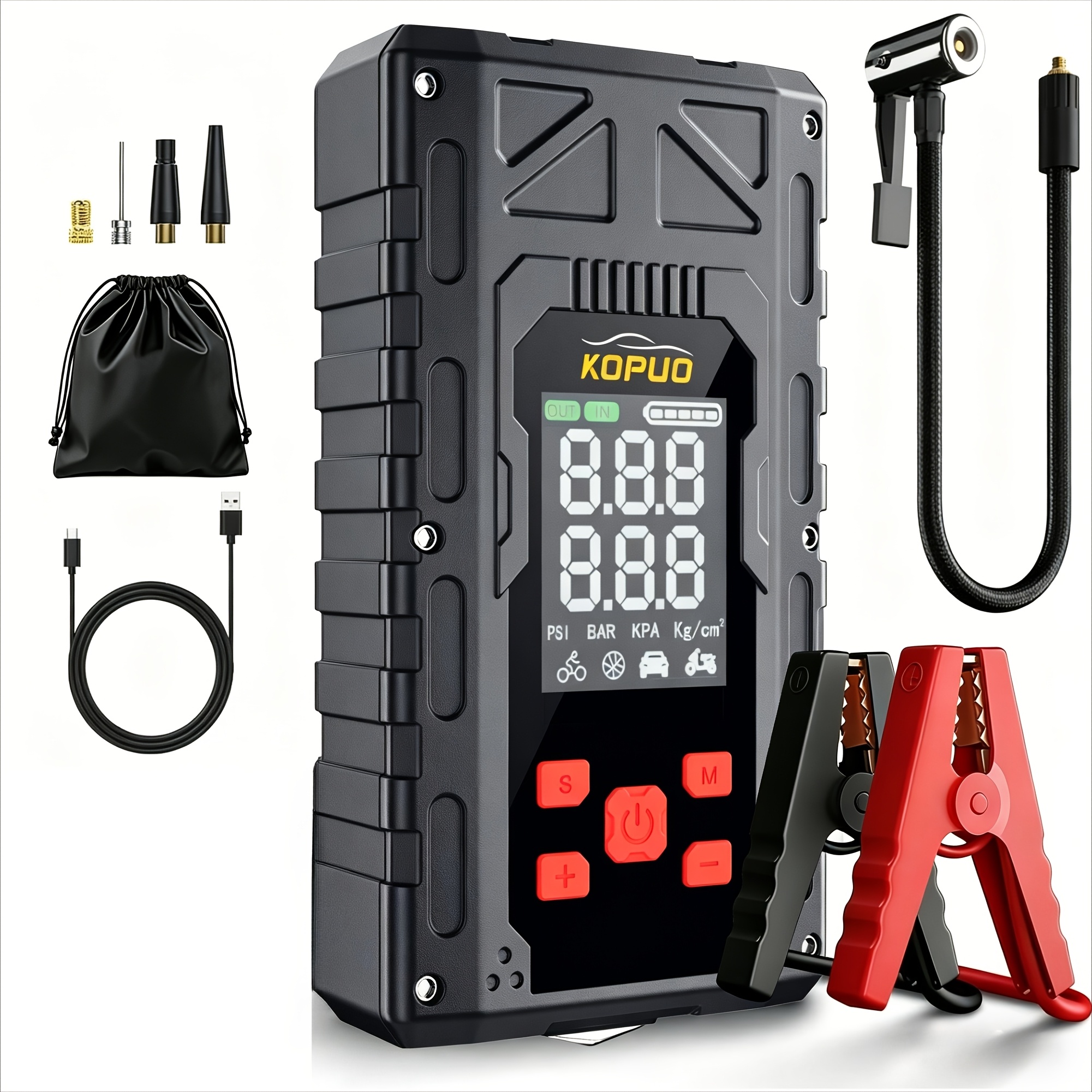 Image of Kopuo 12000mah 8000a Car Jump Starter With 150psi Air Compressor, 12v Battery Booster For Up To 10.0l Gas & 8.5l Engines, Tire Inflator, Power Bank, Lcd Display, Led Light