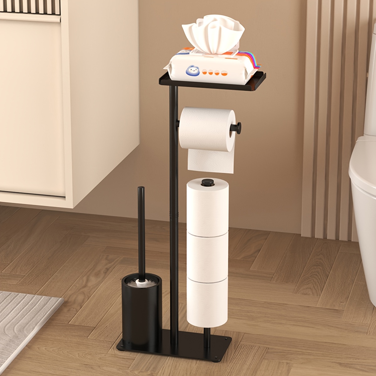 1pc Freestanding Toilet Paper Holder with Storage - Self-Adhesive, Wrought Iron Bathroom Accessory for Tissues & Rolls, Toilet Paper Dispenser, Living Room, Christmas/Halloween Gift Decoration - Unfinished