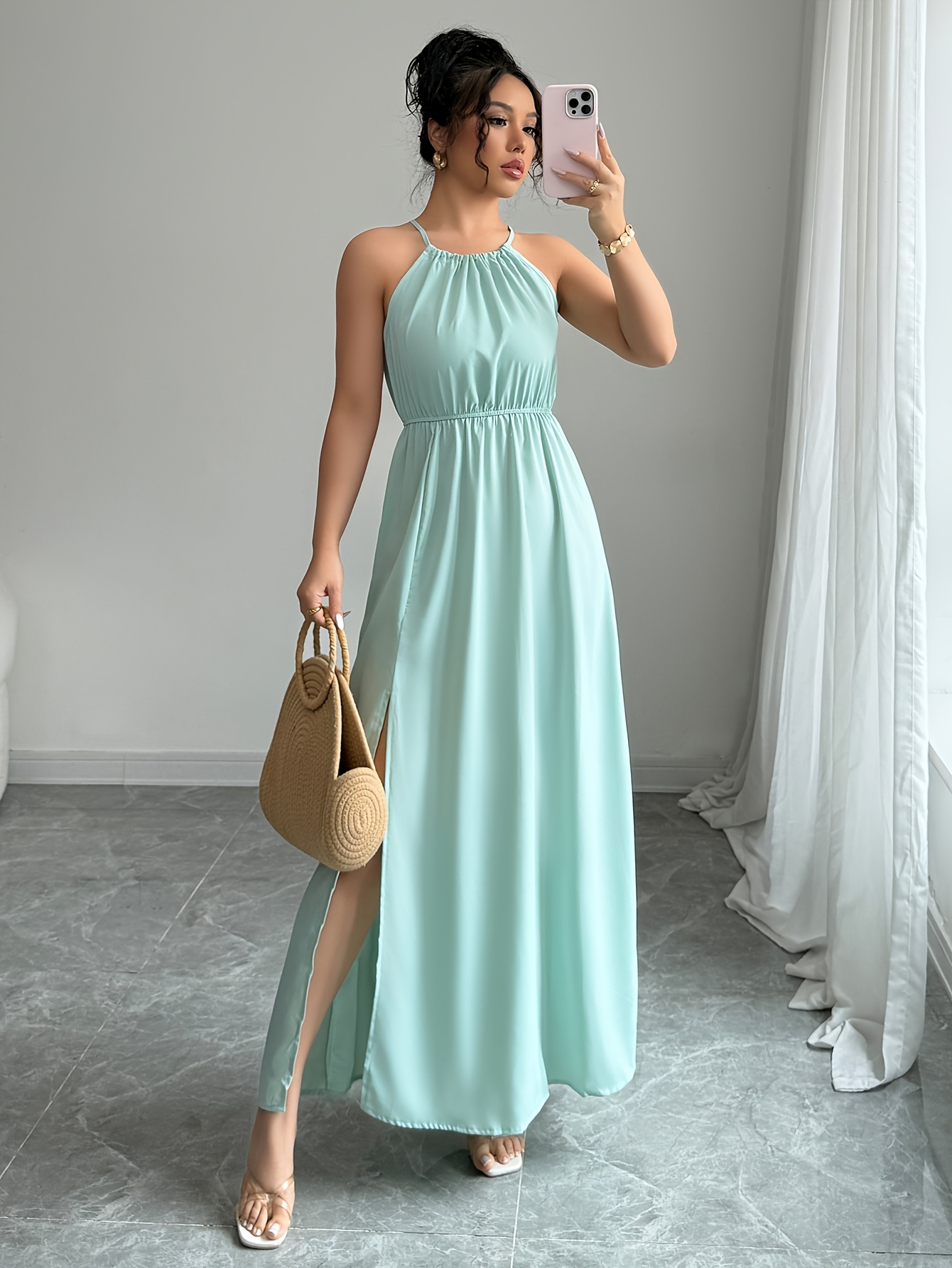 short green halter dress BABARONI Halter V-neck Lace Dress with Satin Sash-Olive Green Plus Size, Olive Green / US18 main image 0