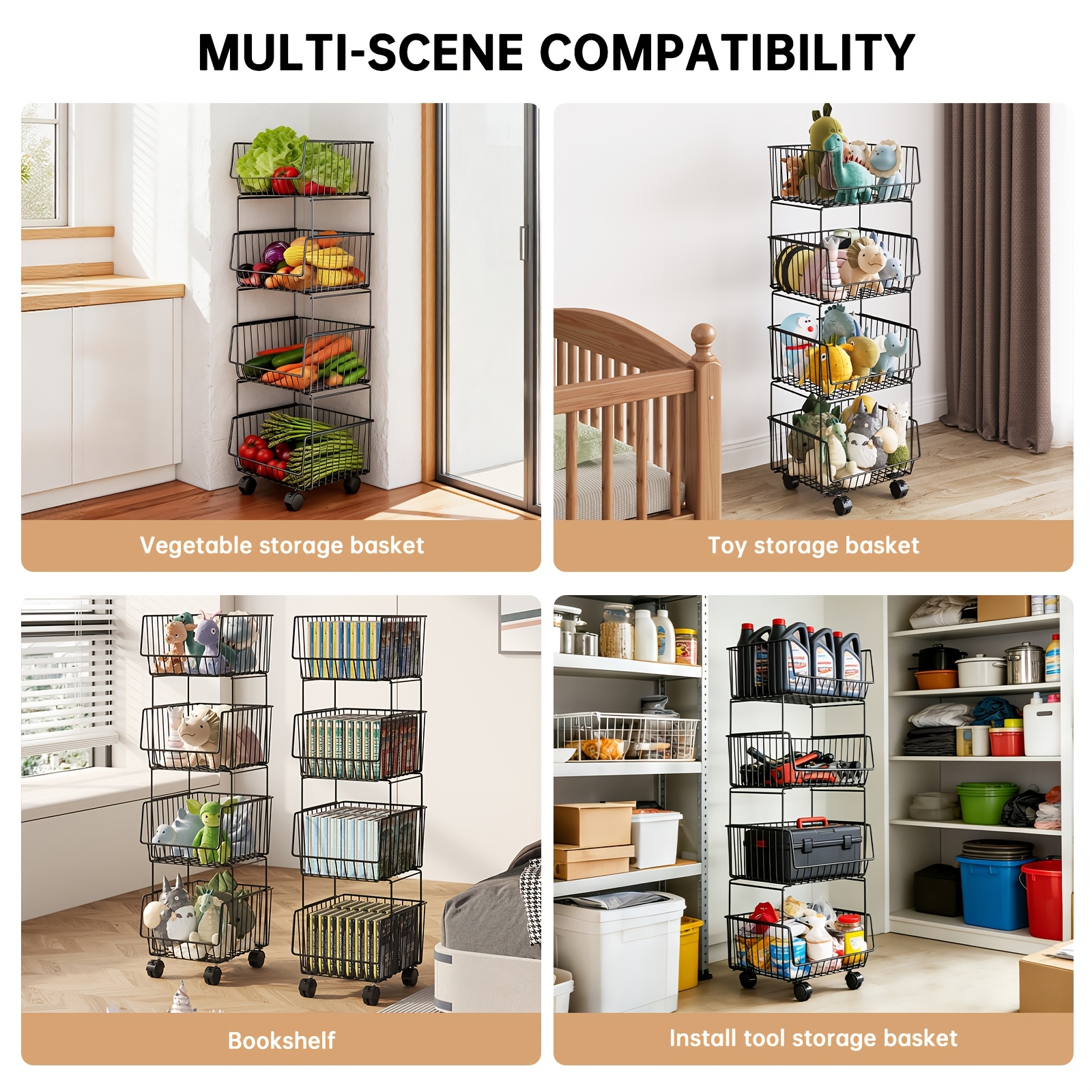 Four-Tier Elevated Stackable Basket Cart for Kitchen Supplies