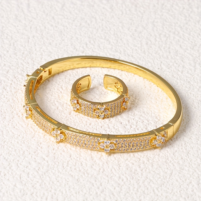 Elegant Four-Leaf Clover Bracelet Ring Set with Cubic Zirconia