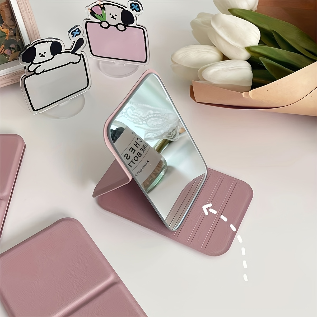 

1pc Elegant Folding Mini Makeup Mirror With Pu Stand, Portable Glass Cosmetic Mirror, Hand Washable, For Dorm And Desktop Use - Daily , Makeup Vanity Desk