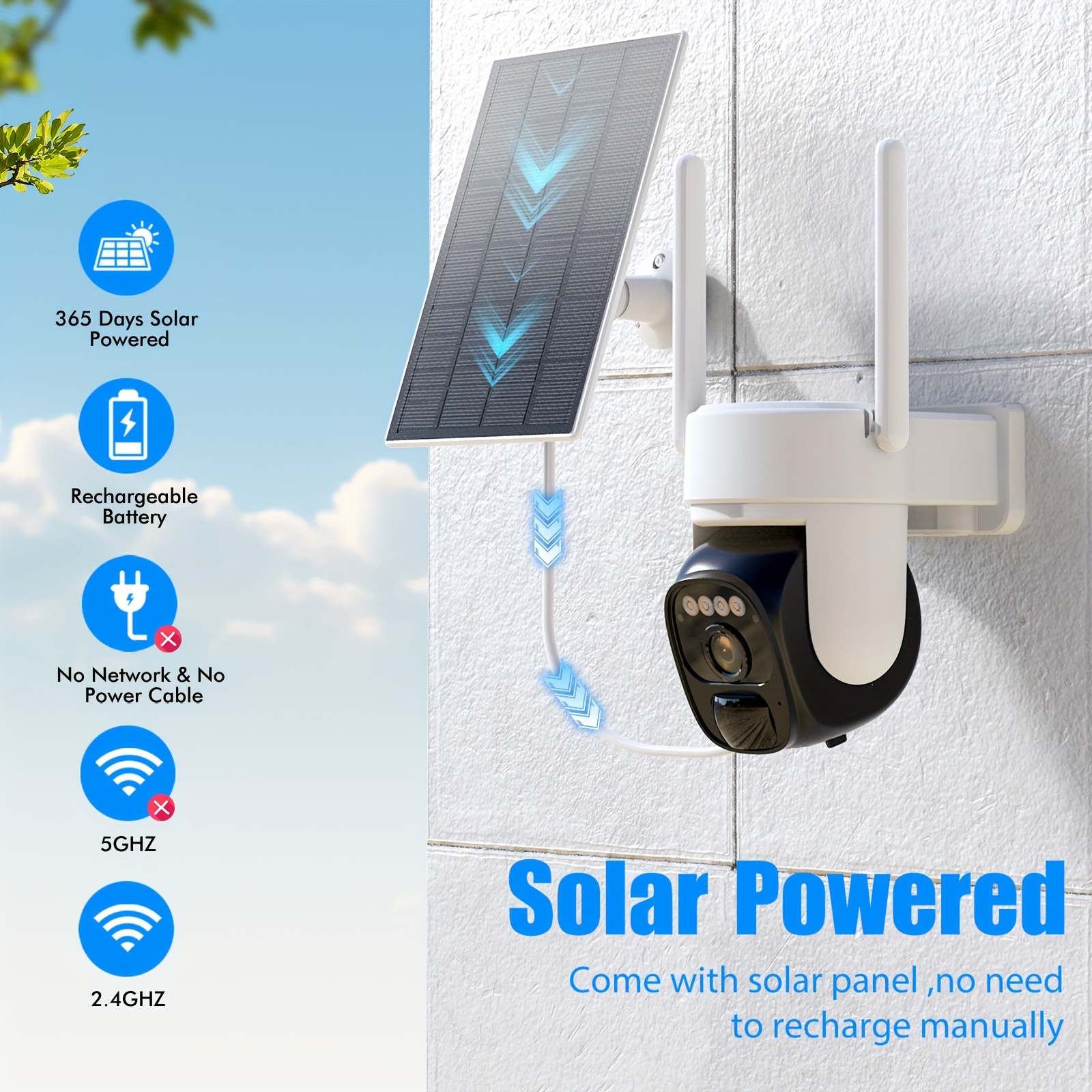 

Solar Security Camera Wireless Outdoor, 1440p 2k 360° View Pan Tilt Low Power Wifi Security Camera, With Detection, Color , Audio, Storage, App Connection, Anti-tamper