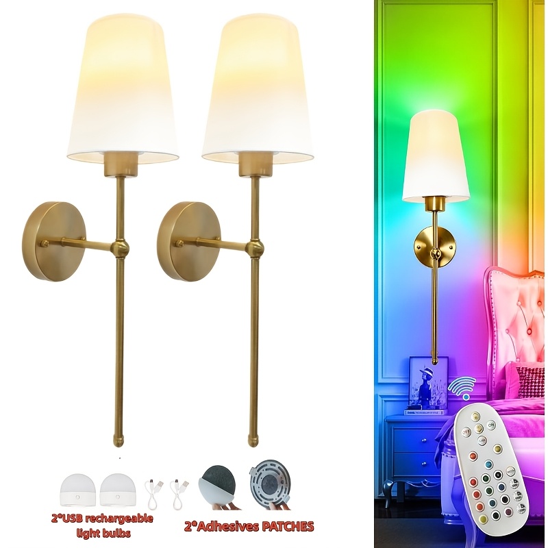 TEMU Set Of 2 Modern Wireless Wall Sconces With Remote & Rechargeable Rgb/ Bulbs - Adjustable Brightness & Suitable For, Semi-recessed Installation,