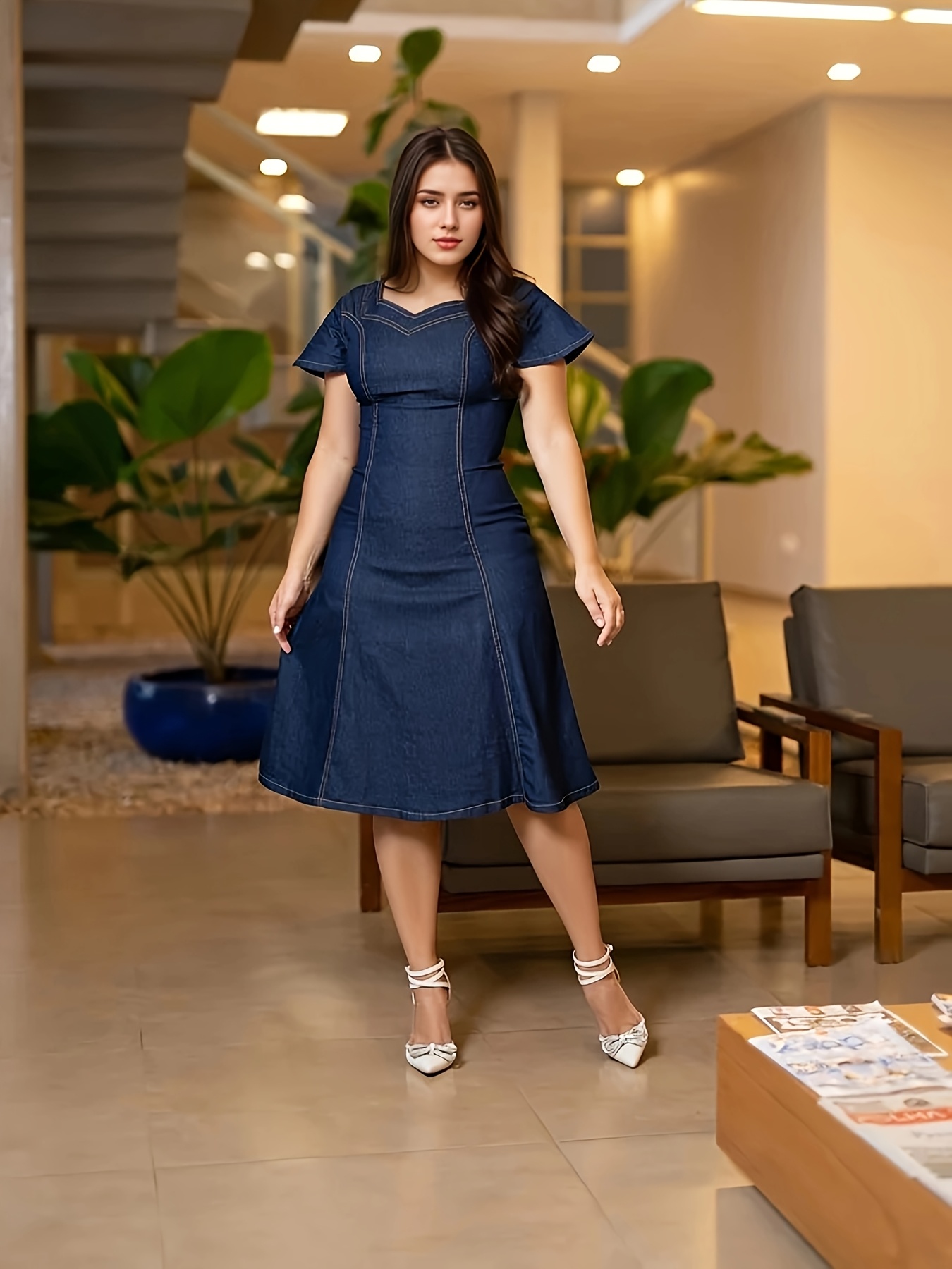 white christmas dresses Denim Cutout Maxi Dress S