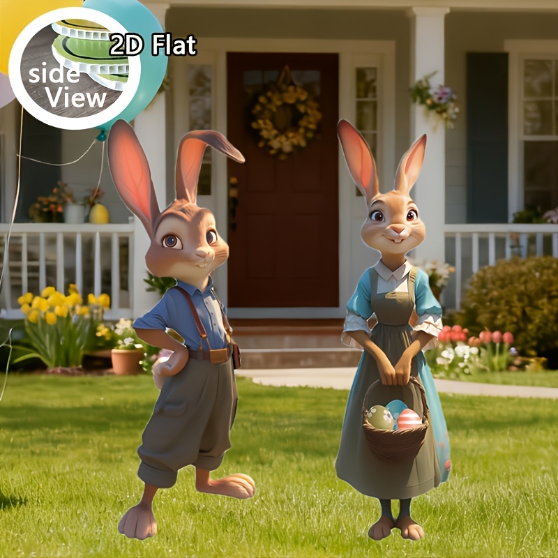 Image of 2d Flat, [2d Flat] 2d Flat 2set Easter Yard Decoration Set, Easter Bunny Couple Stand, Outdoor Garden Decor, Colorful Basket Elements, Festive Atmosphere Decoration, Design, 2d Flat