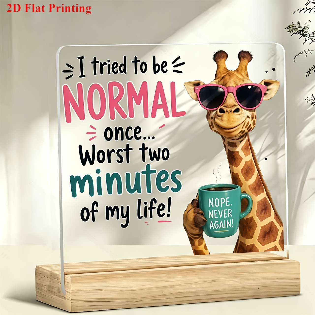 TEMU 2d Flat, 1pc Acrylic Desktop Decorative Standee Ornament: Giraffe Wearing Fashion Glasses And Holding A Mug With "nope. !" Decoration. Suitable