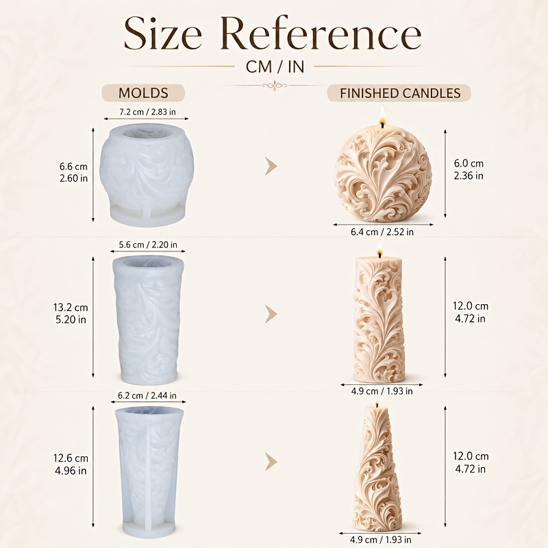 TEMU 3pcs 3d Baroque Embossed Silicone Candle Mold Set, Vintage Damask Sphere Pillar Cone Soy Wax Candle Making Mould Aromatherapy Home Decor