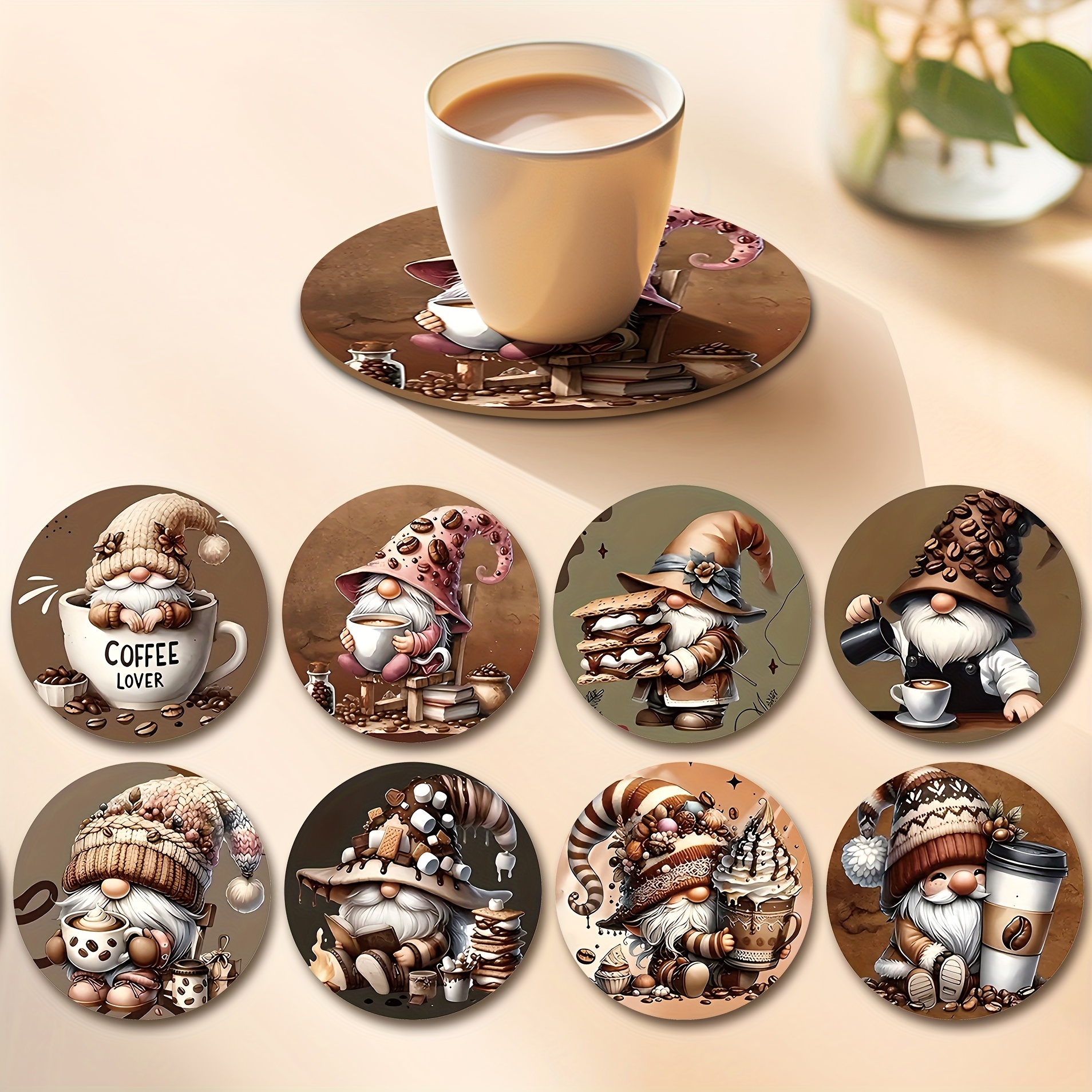 

8pcs Wooden Coasters Set, Dwarf Designs For Drinks, Tea, Coffee - Ideal For Home & Restaurant Decor, Perfect Christmas Gift, Hand Wash Only (3.93*3.93 Inches)