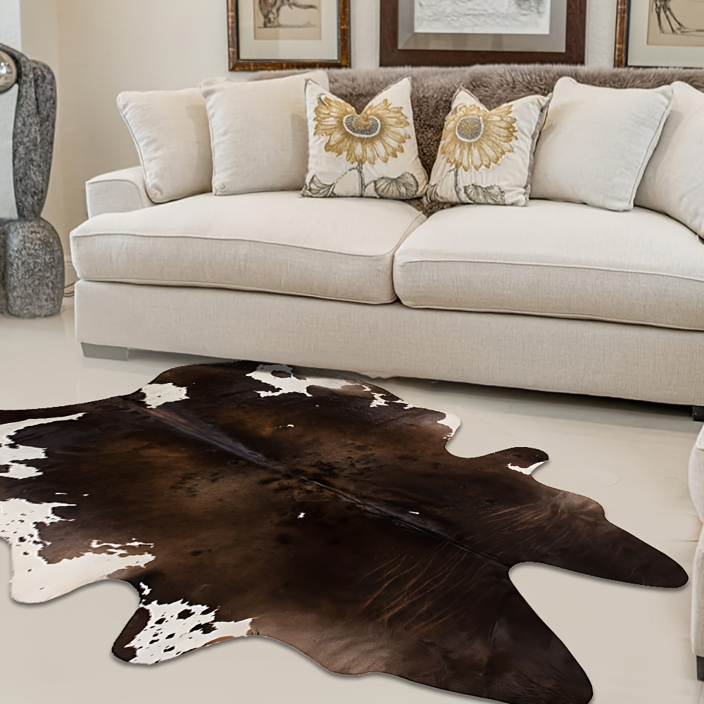 TEMU 1pc Irregular Cowhide Printed Living Room Carpet, Farmhouse Shaped Animal Skin Area Carpet, Black And White Cowhide Patterned Bedroom Carpet,