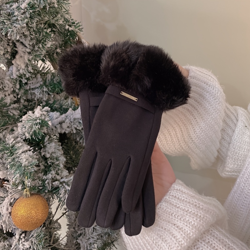 Light Luxury Metal Label Plush Faux Warm Gloves
