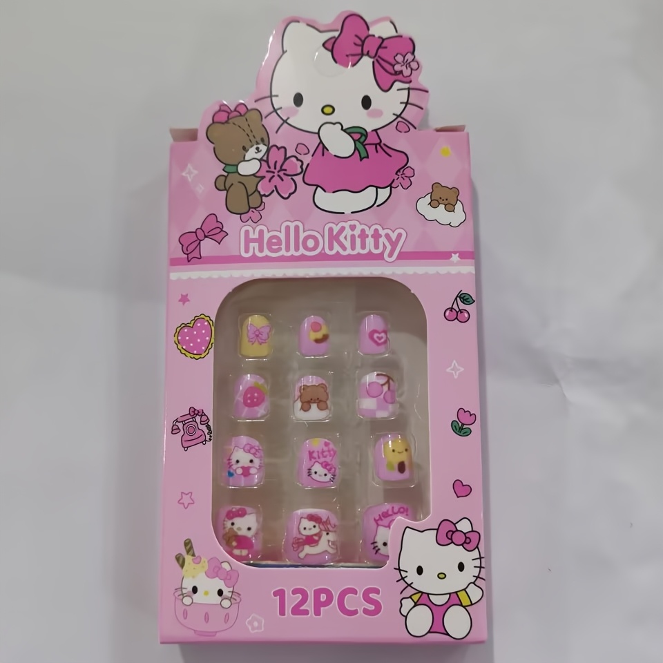 Image of 12pcs Cute Cartoon Themed Press-on Nails - Short Square Candy Color Hellokitty/kuromi/melody/cinnamoroll False Nails 3d Anime Animal Designs Fake Nails For Birthday Party Gifts