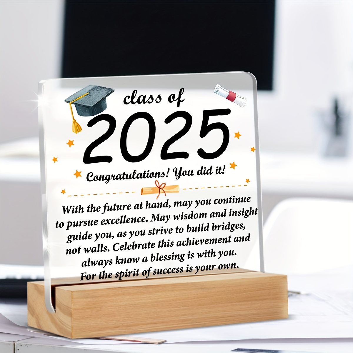 2D Flat - [2D Flat] 2 , a Modern Acrylic Graduation Plaque with a Wooden Base - Engraved Inspirational Quotes for   of 2025, a Gift for High School, College, And Doctoral Degrees, No Batteries Needed for Desktop Decoration, Celebrating Design | Minimalist Style, Graduation Party Decor