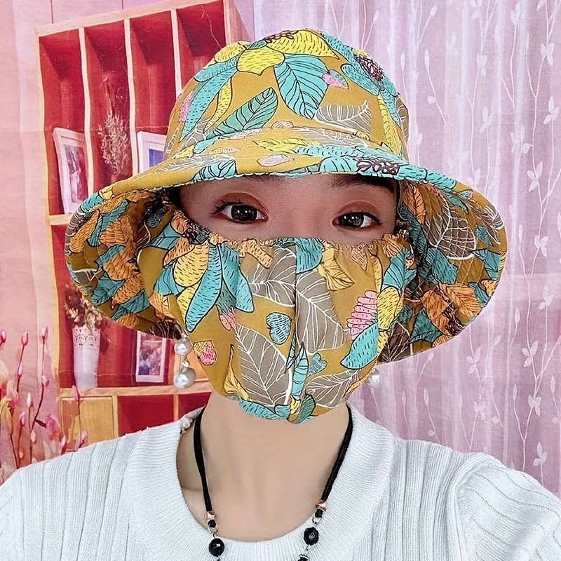 Summer Sun Hat With Neck Flap & Face Mask Solid Color UV Protection Visors Classic Outdoor Cycling Hiking Fishing Hats For Women Girls