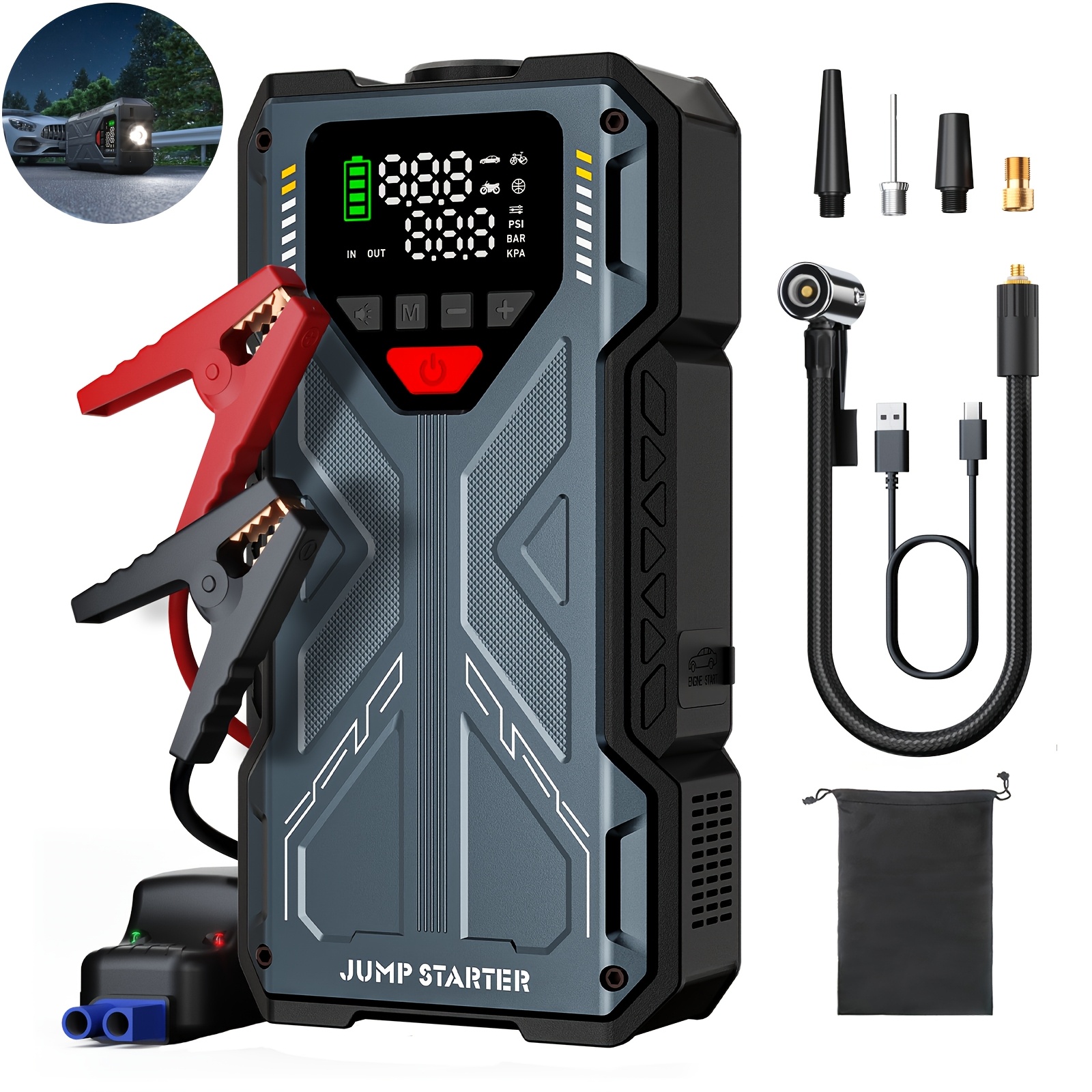 TEMU Jump Starter With Air Compressor, 6000a Portable Car Battery Jump Starter (8.0l Gas/6.5l ), Battery Charger Booster, 150psi Auto-shutoff Tire