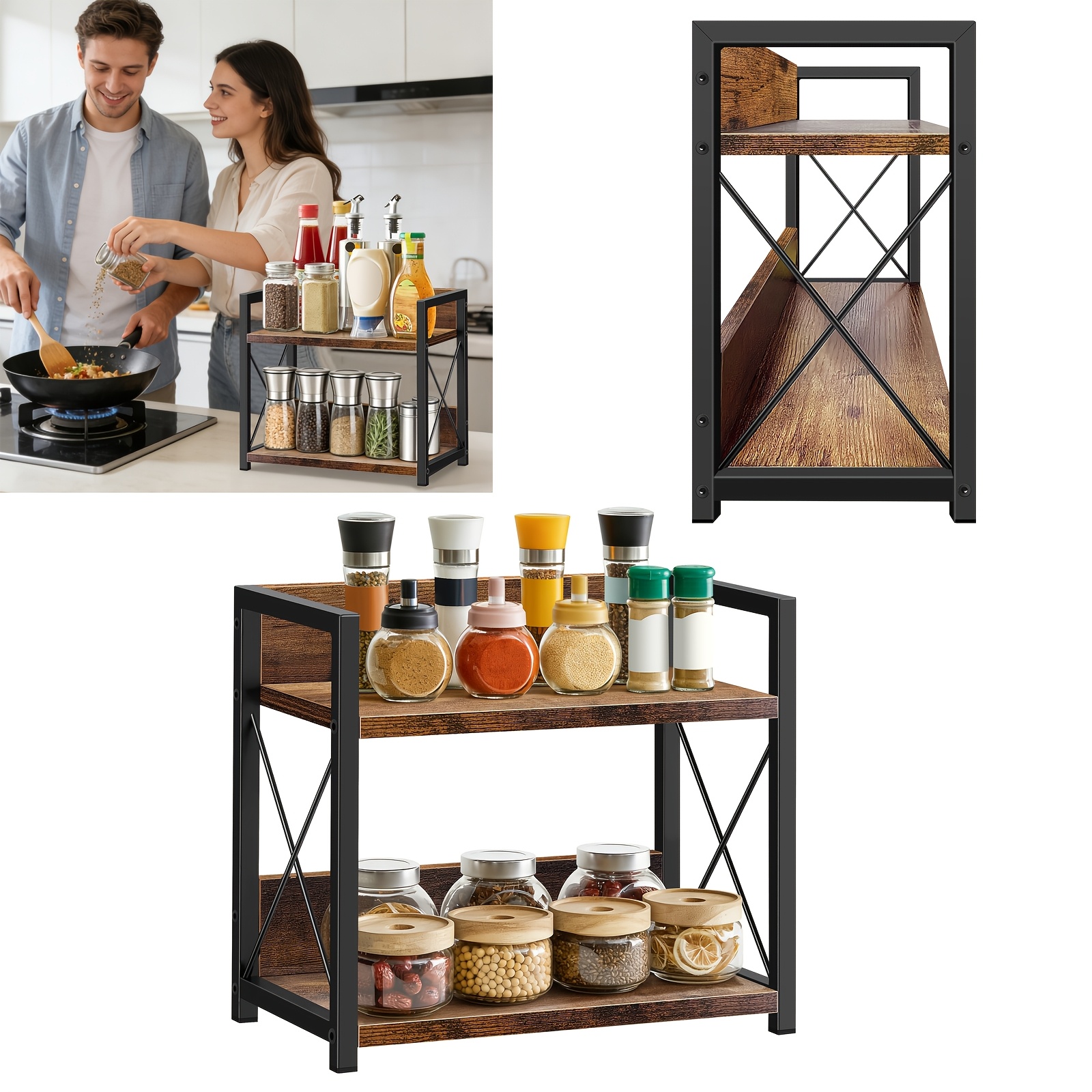 2-tier Wood Spice Rack Shelf - Rustic Space- Countertop Organizer Suitable, Office & Dining Table, , Multi- Storage With Polished For Spices, Utensils, Condiments