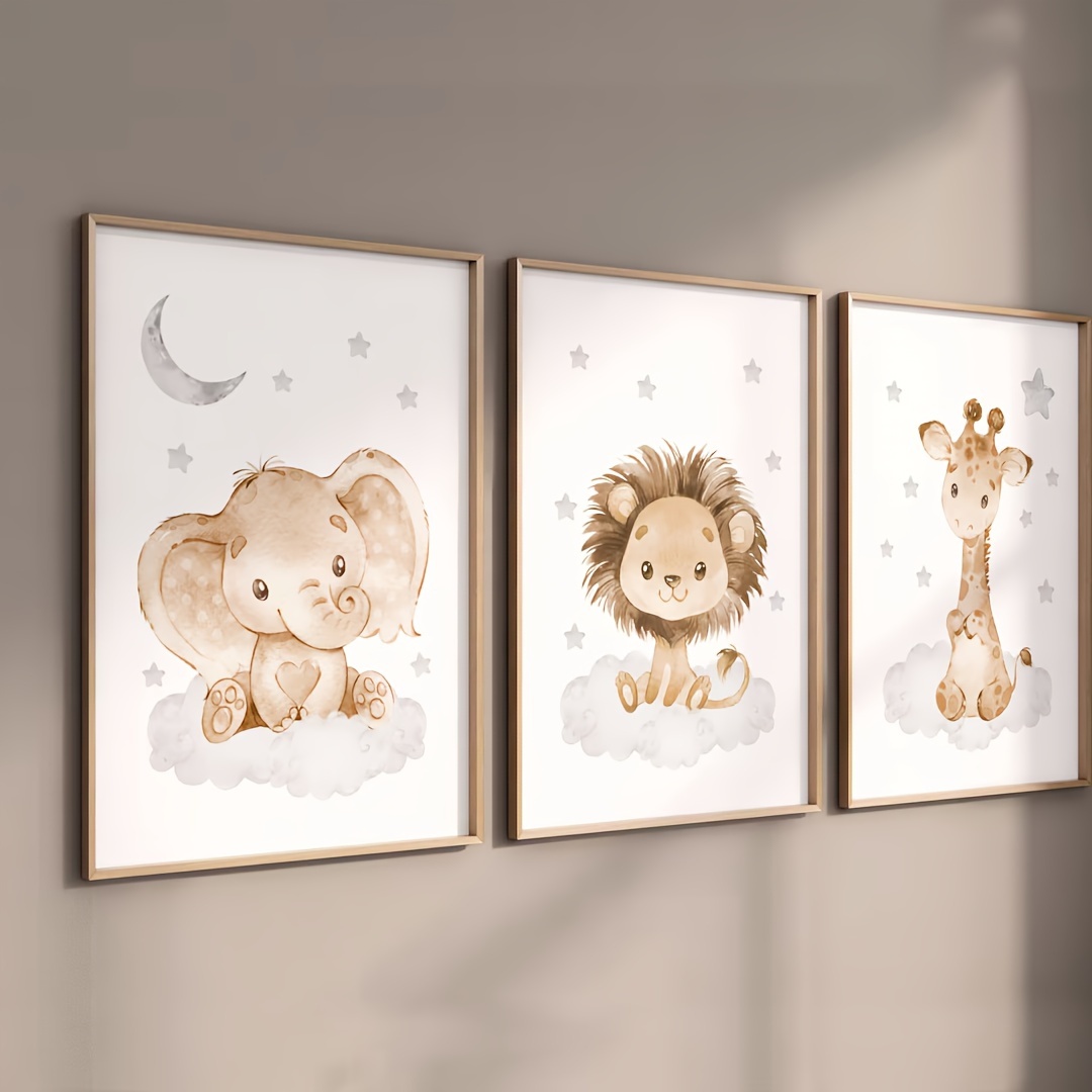 

3pcs Modern Neutral Animal Canvas Print Wall Art Elephant Lion Giraffe Jungle Decor For Living Room Home Decoration Party Parents Gift