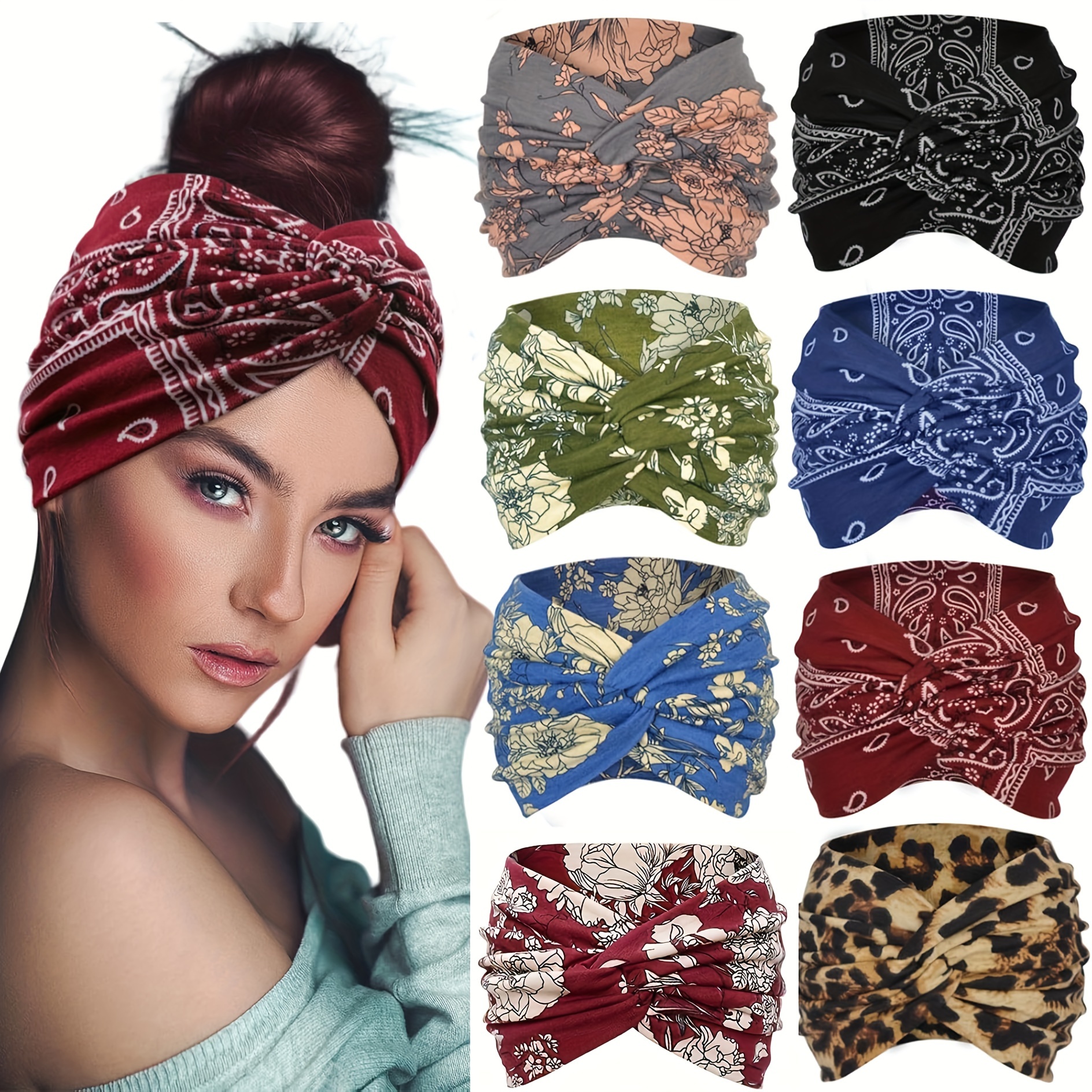 TEMU 8pcs Bohemian Style Wide Headband, Suitable For Women, 5.5-inch Elastic Sports Headband Set, Polyester Hair Tie, Fashionable Hair Accessory, No Feathers, Prints