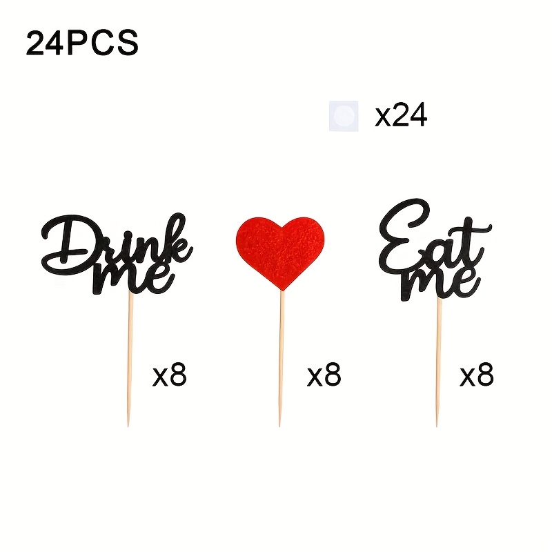 Image of Set Of 24 Whimsical Cupcake Decorations Featuring '' And ' Me' Picks, With Glitter, Perfect For A Valentine's Day Party, Shower, Or Birthday Cake Embellishments, Halloween, Christmas