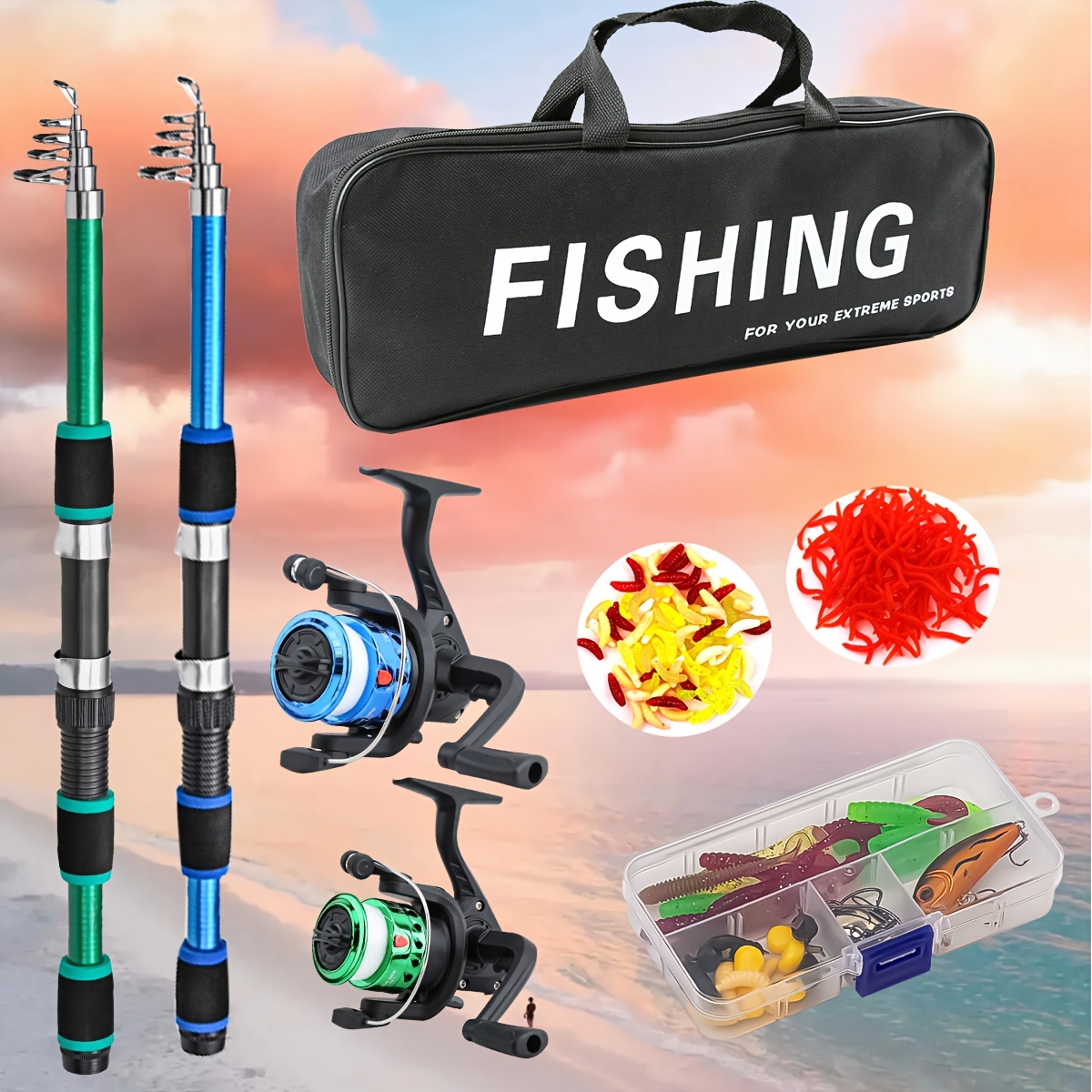 

Blue And Rod And Reel Set - Telescopic Rod, Spinning Reel, Bait Hook And Accessories - The For Travel And