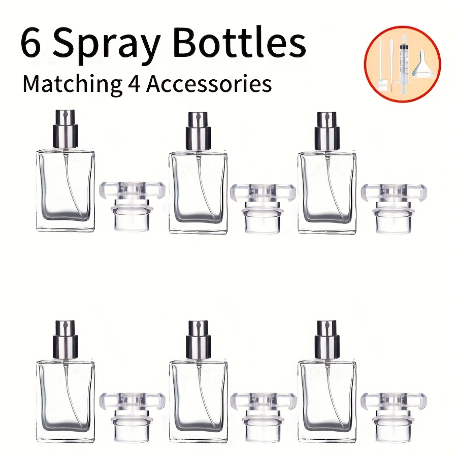 Image of 6pcs And 4pcs Additions 30ml/1oz Transparent Black Refillable Perfume Bottles, Portable Square Empty Glass Perfume Atomizers, With Spray Nozzles And 4pcs Free Perfume Dispensers