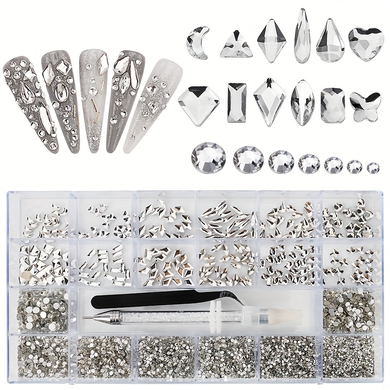 

5400pcs Nail Crystal Rhinestones Kit, Mix Shapes Glass, 3d Diamonds Flatback Crystals, With A Drill Pen, Nail Crystal Non Hotfix, Nail Art Decoration