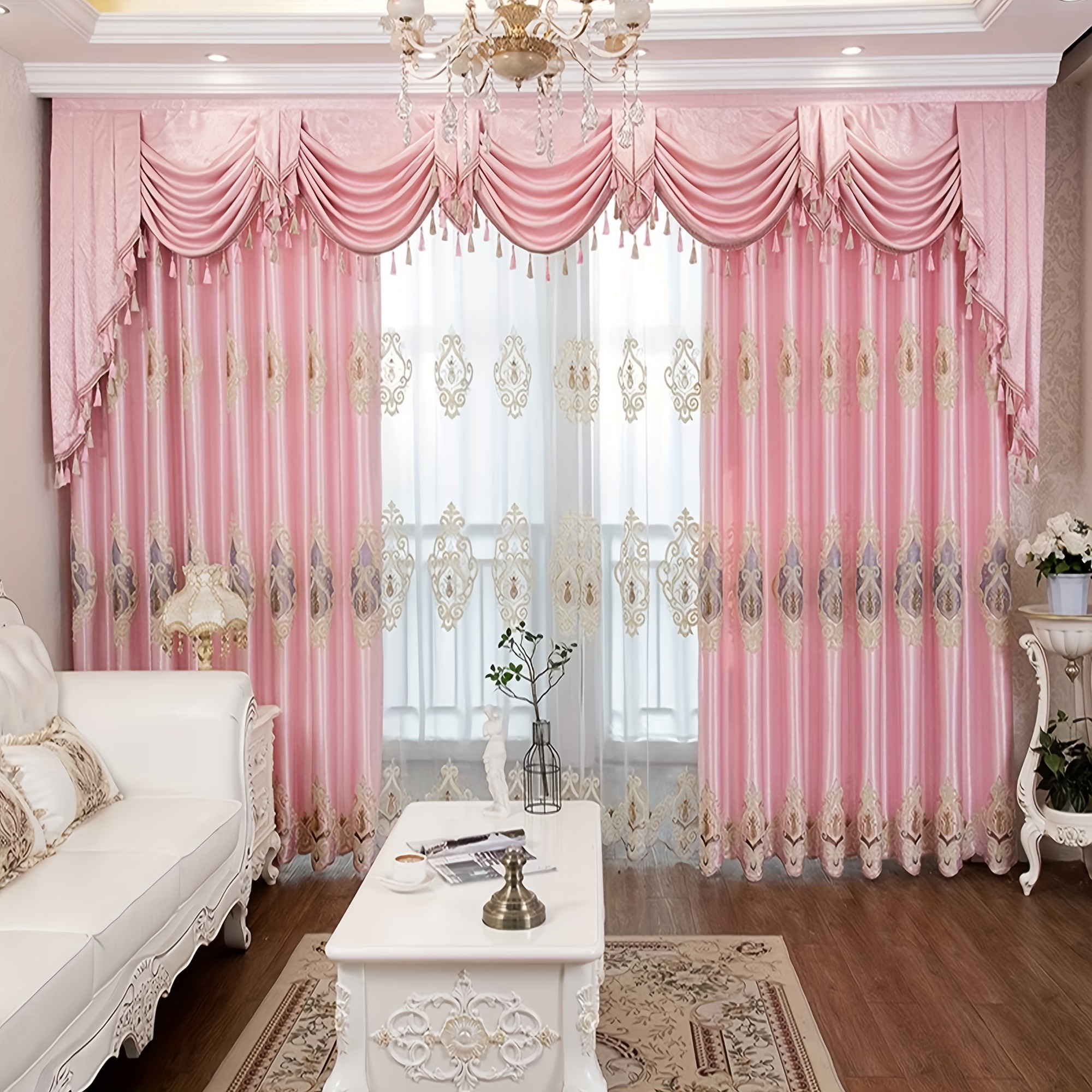 

European High-end Living Room Embroidered Curtains, Blackout Pink Water Wave Curtains, Modern Bedroom Wedding Products