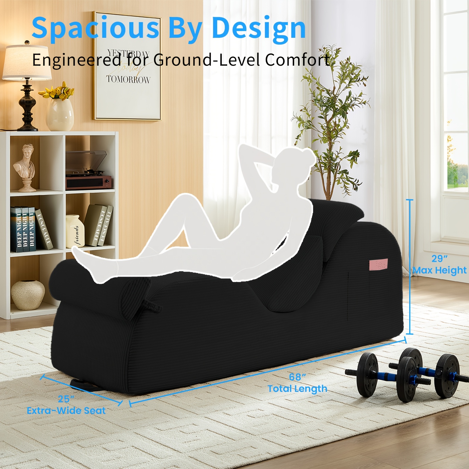 Striped Adult Yoga Chair, Indoor Toilet Chair with Side Pockets, Headrest, Lumbar Cushion, Movable Footrest, Curved Yoga Sofa for Relaxing And Stretching in Bedroom, Black