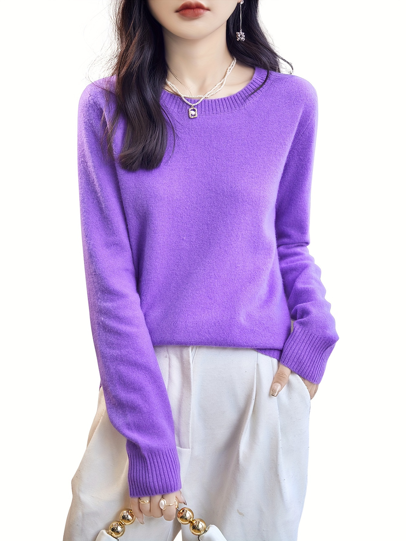 solid crew neck wool pullover sweater elegant long sleeve cozy sweater womens clothing purple 0