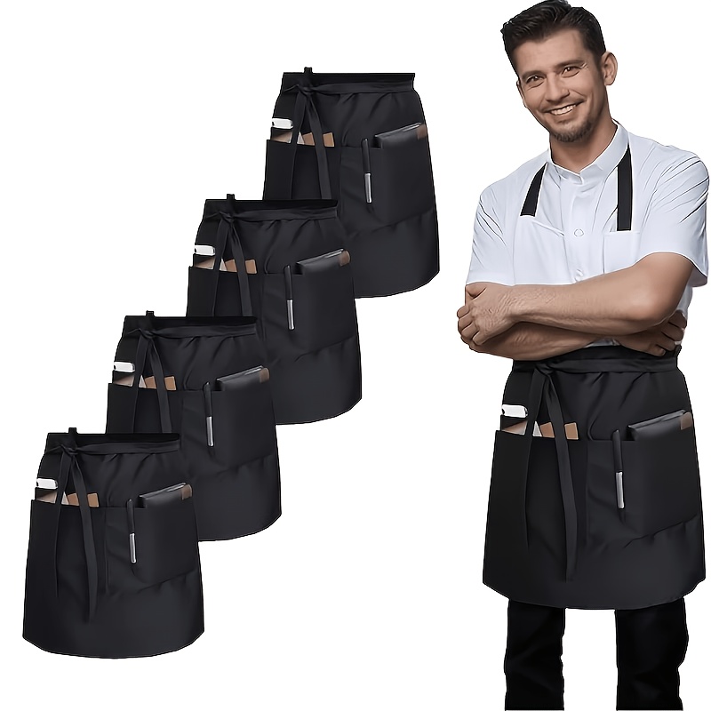 TEMU 4pcs Black Server Aprons With Adjustable Neck & Waist - Durable Polyester, Mid-length With 3 Pockets, Ideal For Restaurant, CafÃ© Staff,