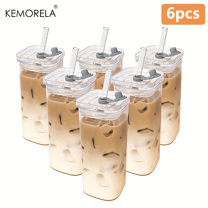 E-shop KEMORELA 4/6 Stück 380ml/12oz Trinkbecher – Einzigartiger rechteckiger hitzebeständiger Glasbecher mit Deckel und Strohhalm – Langlebig,