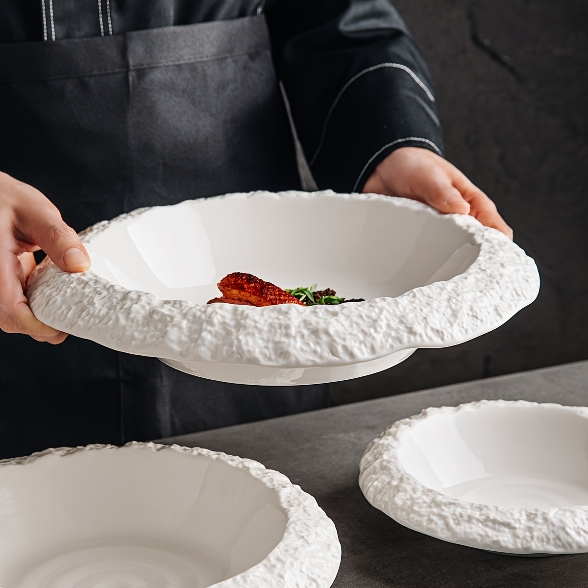 2pcs 10&20.32 cm Textured Rock Pattern Wide Rim Ceramic Plates, Light Luxury High-Grade Large Capacity Deep Plates, Multipurpose for Soup, Dishes & Fruits.