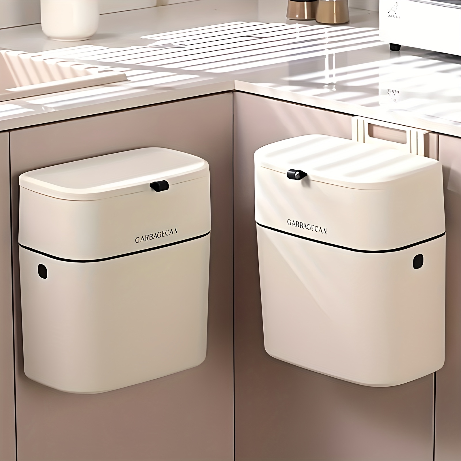 TEMU 1pc Bathroom Trash Can, Space Saving Kitchen Trash Can, Kitchen Cabinet Door Sink Trash Can, Plastic Compost Bin With Backing, Hooks, Odor