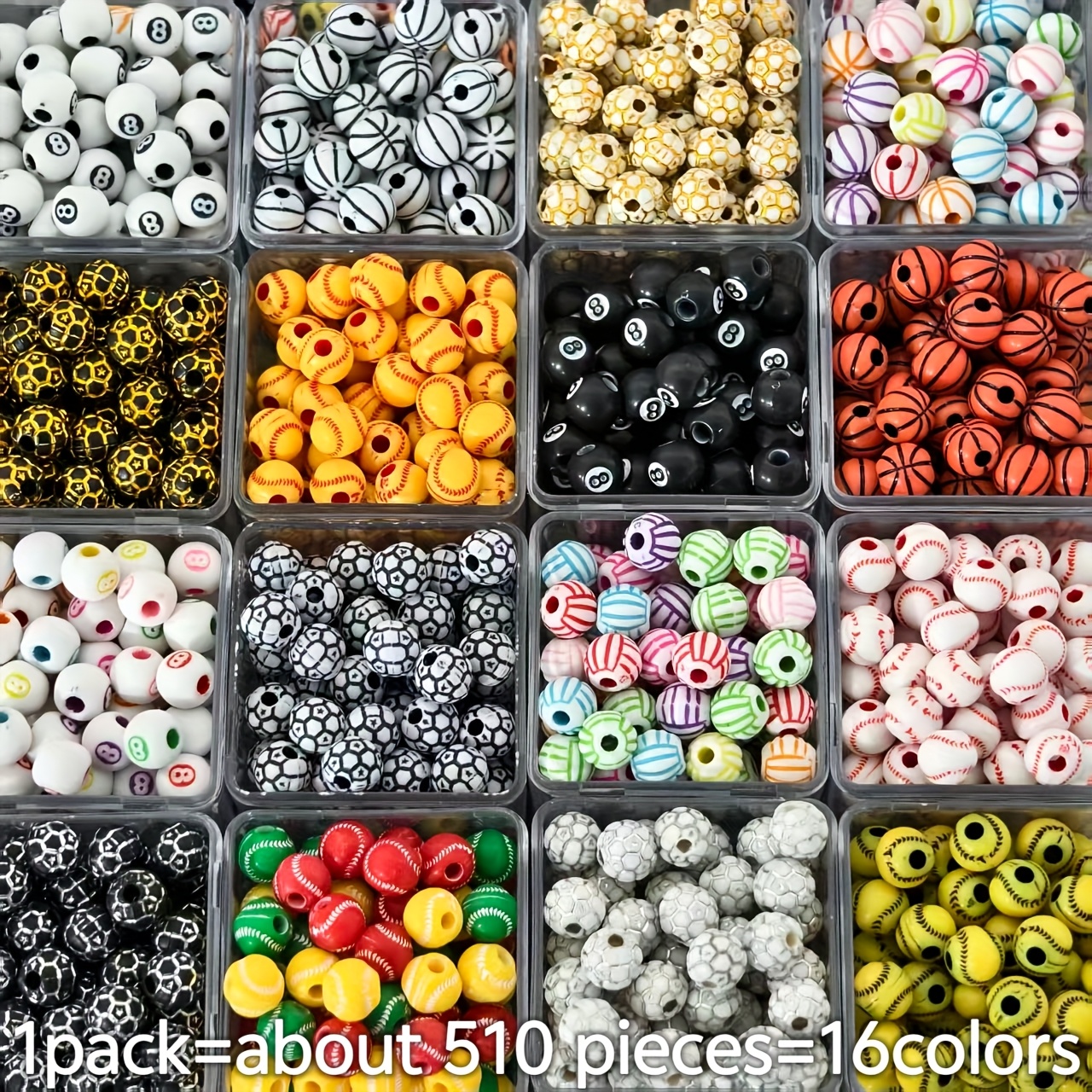 E-shop 510 Stück 16 Styles - 8mm Robuste Acrylperlen, Böhmischer Stil, Runde Form, für Schmuckherstellung, Inklusive Baseball, Basketball, Fußball,