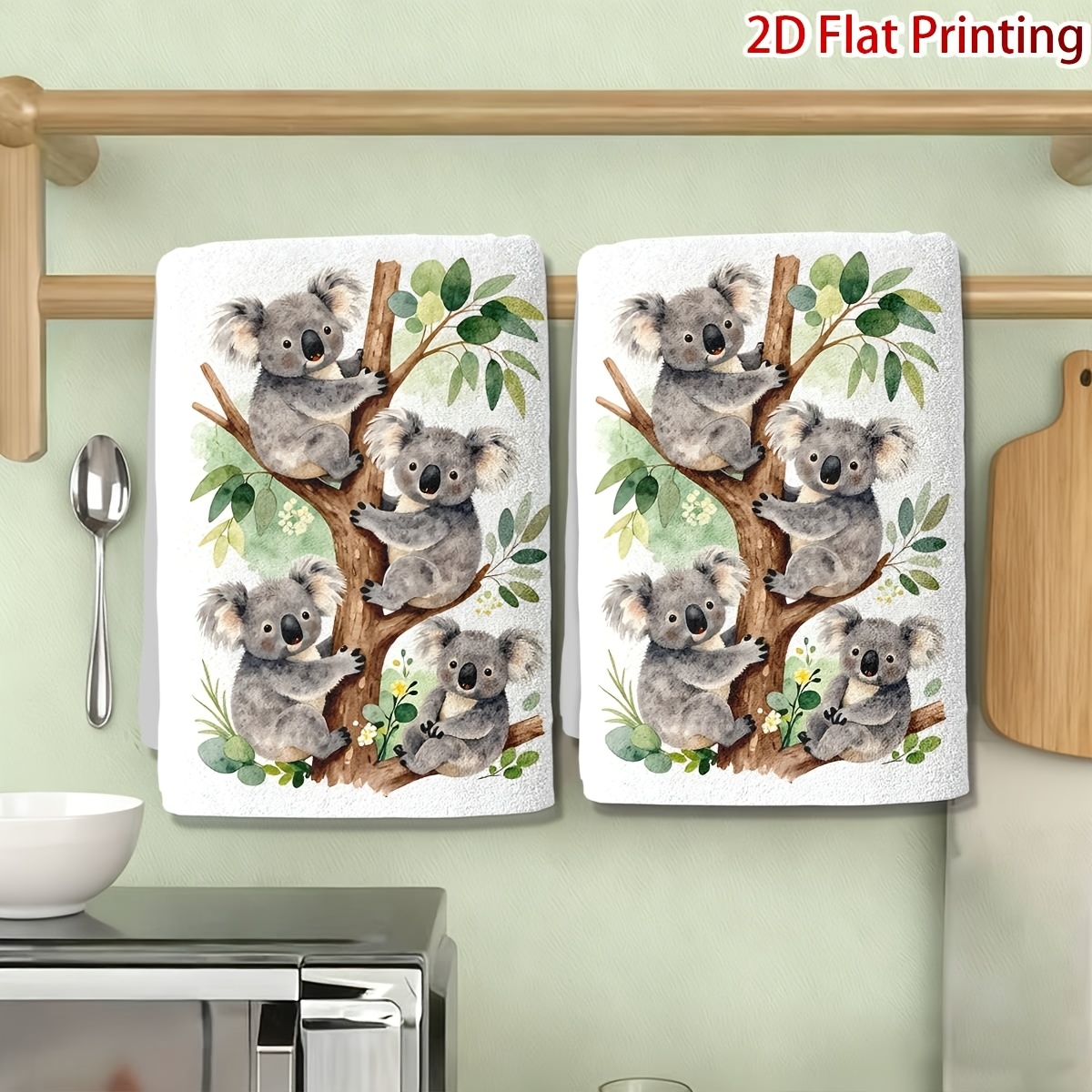 TEMU 2pcs Koala-themed Cleaning Cloths - Cute Koala & Eucalyptus Design, Soft /microfiber Dish Towels & Multi- Wipes Suitable, Bathroom, Housewarming