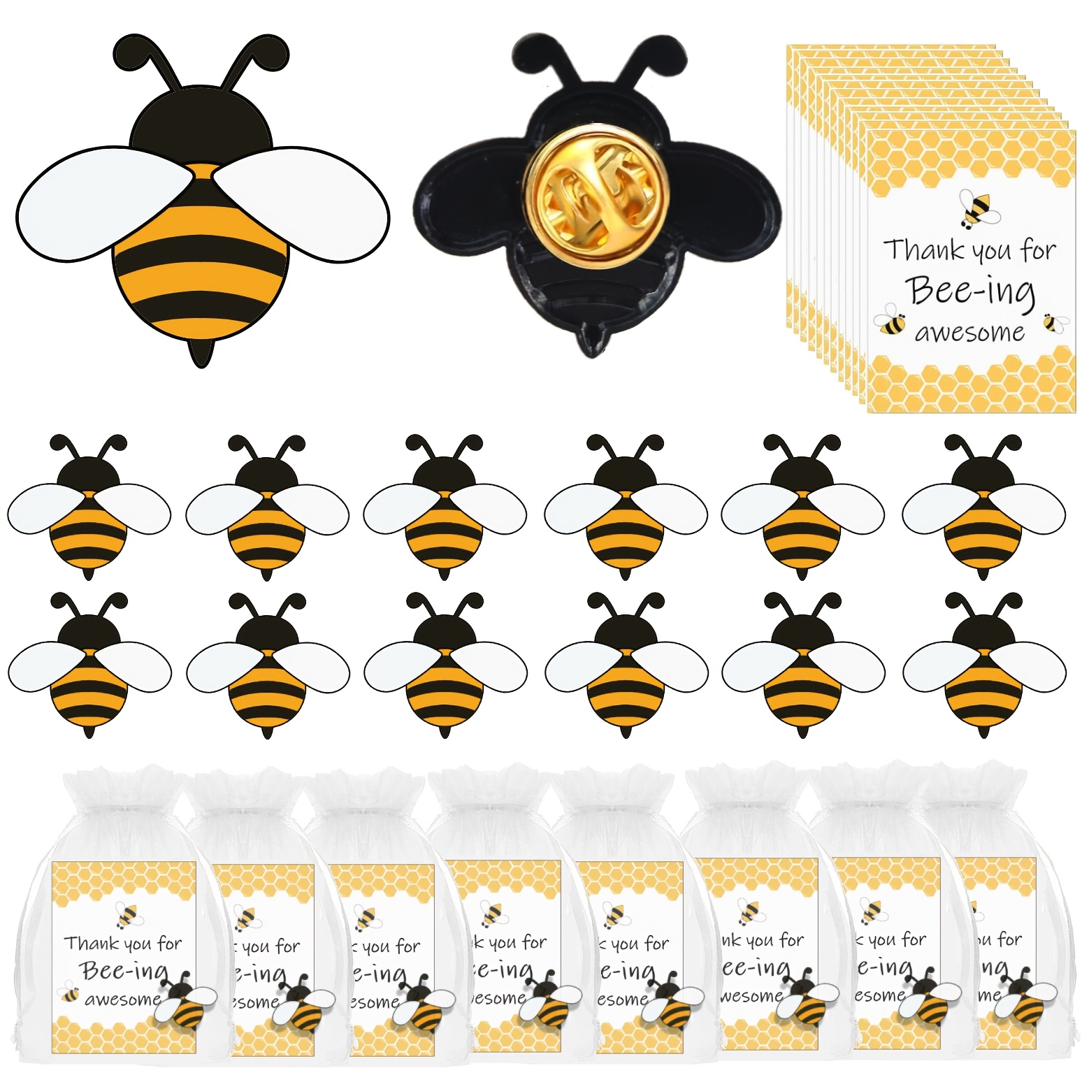 

75pcs Bee-themed Appreciation Gift Set - 25pcs Lapel Pins, 25pcs Thank You Cards, 25pcs Organza Bags - Coworkers, Teachers, Nurses, - Bulk Employee Pack