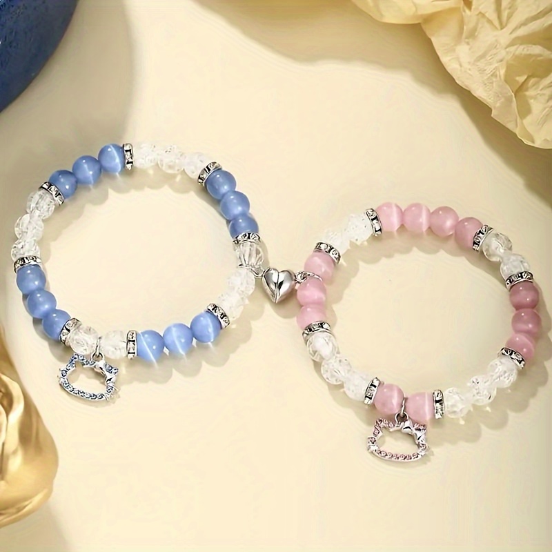 

1pair Sanrio Cute Anime Hello Kitty Beaded Bracelet, Heart-shaped Magnetic Bracelet, Perfect Gift For Couple Valentines Christmas Birthday Friends