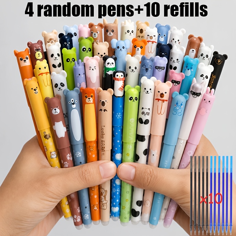 TEMU Lot de 14 stylos à bille effaçables sur le thème des animaux, à effacement facile, 4 stylos + 10 recharges, Halloween, Noël, pointe gel 0,,