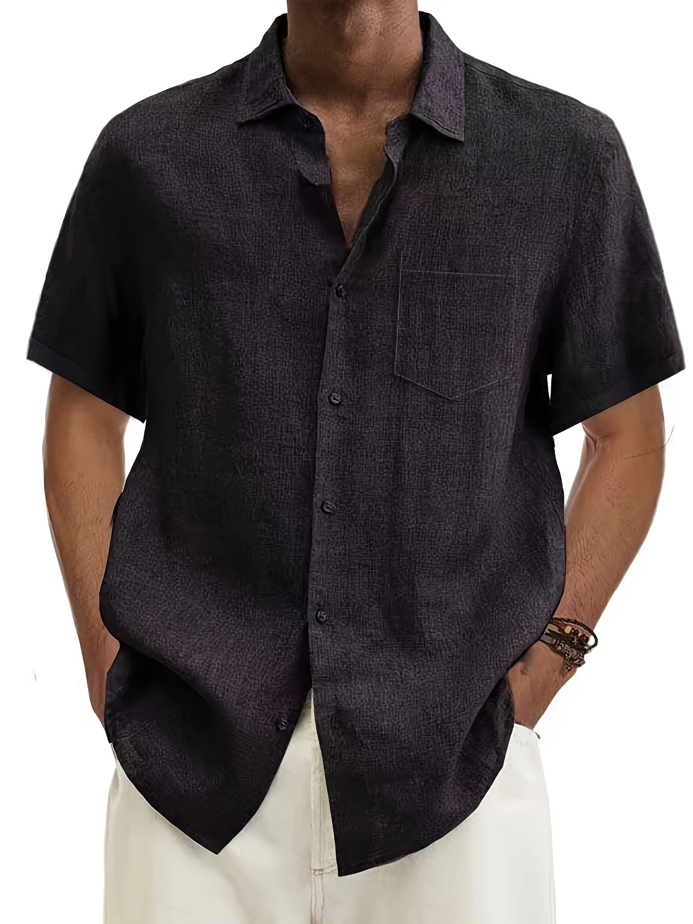 Men'S Plus Size Vintage Black Casual Button-Up Short Sleeve Shirt with Pockets - Summer Basic Lapel Collar, Non-Stretch Fabric, Regular Fit, Adult Sizes, Lightweight Polyester, Casual Attire | Classic Buttonup Shirt | Solid Color Shirt, PLUS SIZE