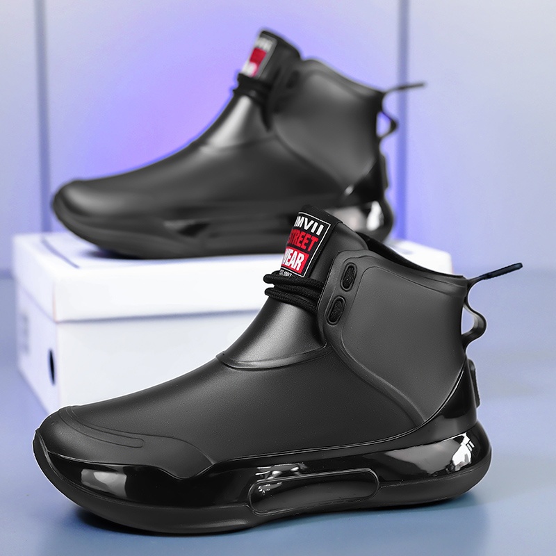 unisex high quality rain boots   non slip shoes with cushioned eva insole lightweight pvc construction low cut footwell for men women ideal for commuting gardening construction travel black with red accents easy   high quality boots construction footwear sleek footwear fabric lined interior black cn36 eu35 5 9