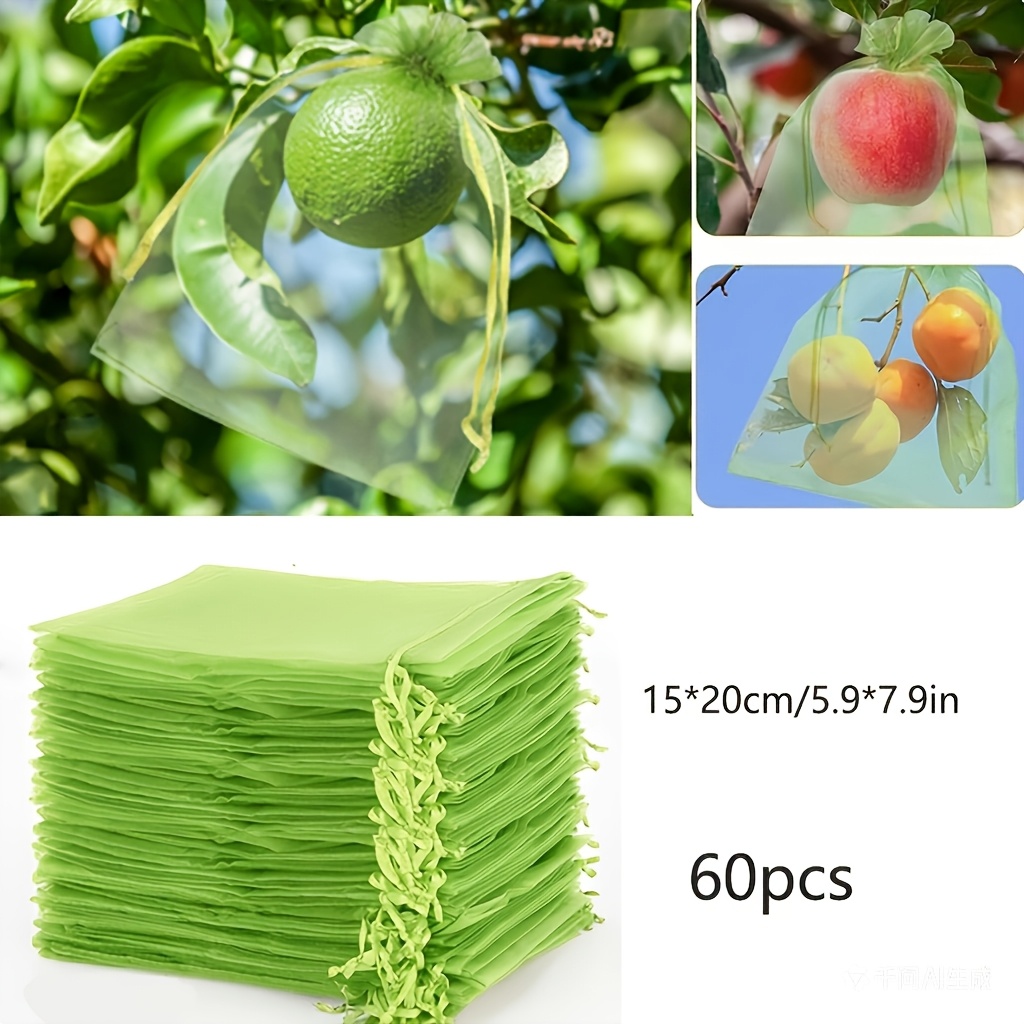 E-shop 60 Stück Obstschutzbeutel, Netzbeutel für Bäume, Grüne Mesh-Beutel mit Zugband für Obstbäume, Wiederverwendbare atmungsaktive Netzbeutel für