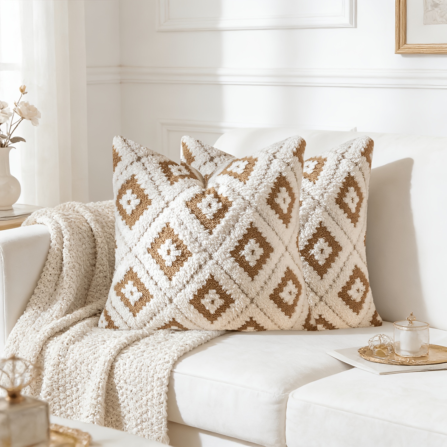 2pcs Plush Diamond Patterned Decorative Pillow Covers, 45.72x45.72 cm, Bohemian Style Diamond Patterned Decorative Pillow Covers, Soft and Comfortable, Suitable for Decorating Bedrooms, Living Rooms, Sofas
