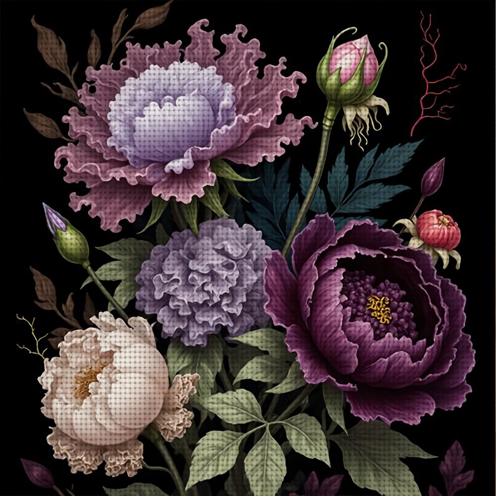 TEMU 1 Set Of 11ct Colorful Peony Bouquet Stitch Kit | Frameless, Suitable For Adults And Beginners, Includes Patterned Fabrics, Needles, Threads,